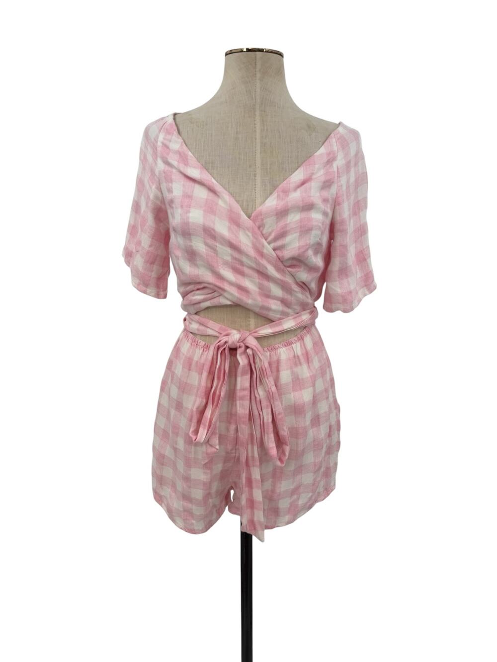 Sabo Skirt Pink Gingham Wrap Tie Waist Cutout Playsuit Romper Size Small